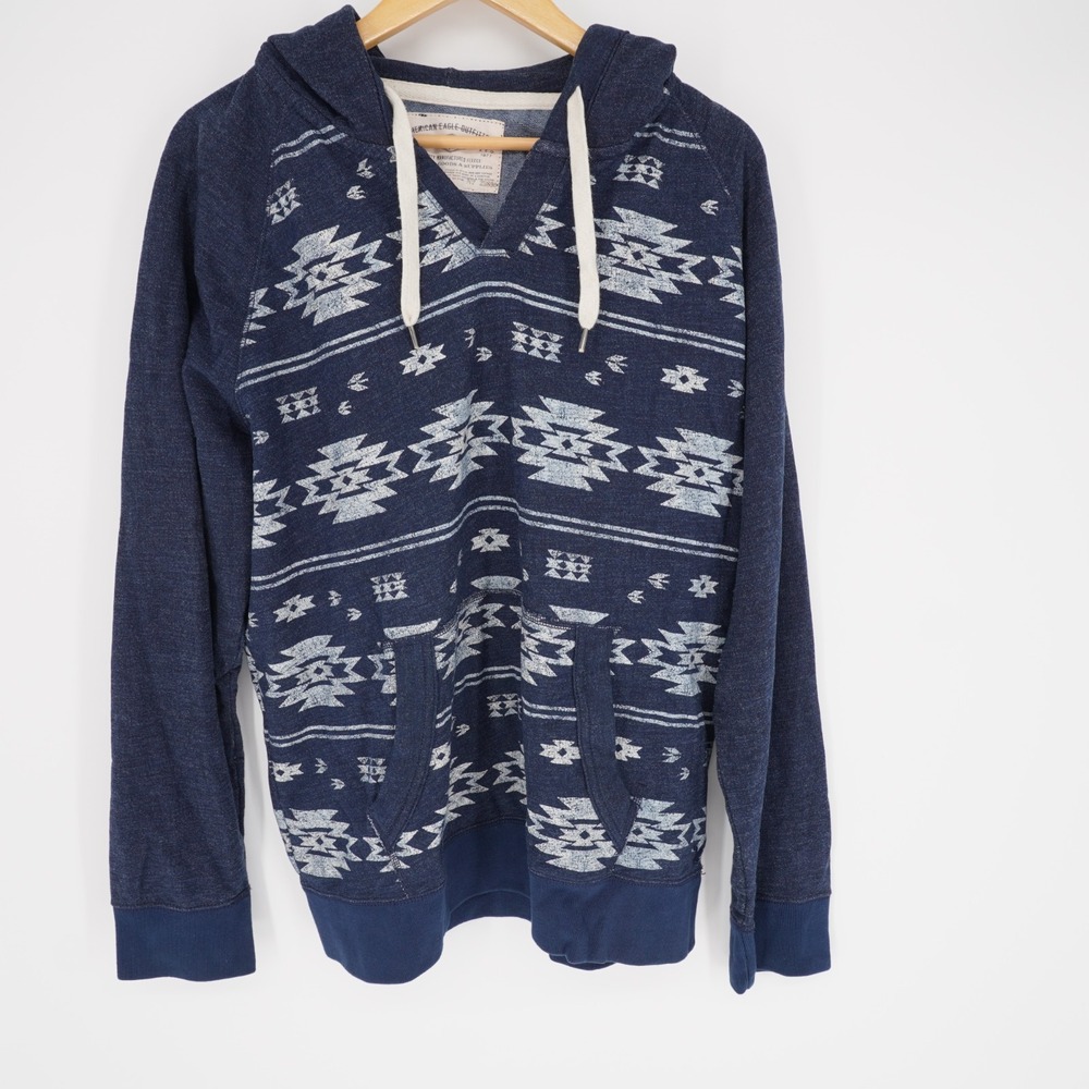 American Eagle Outfitters Hoodie Sweatshirt Mens L Blue Southwestern Pullover